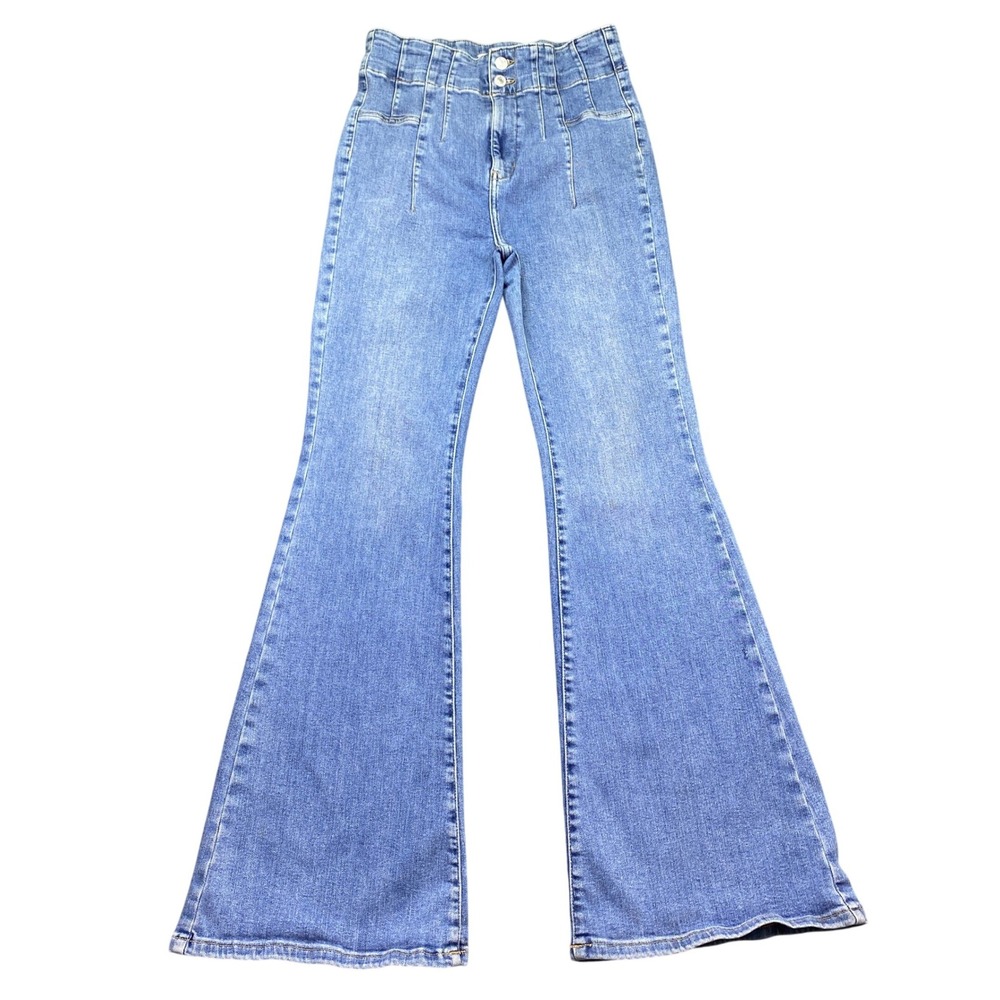 We The Free People Just Float On Flare Jeans Blue High Rise Pintuck Size 30